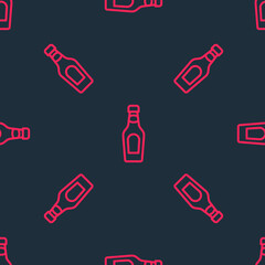 Red line Champagne bottle icon isolated seamless pattern on black background. Merry Christmas and Happy New Year. Vector