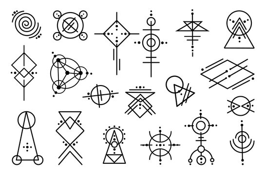 Set of mysterious ornaments geometry elements mystic doodle esoteric signs for Tattoo, stickers, printing.