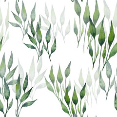 Seamless watercolor illustration of green leaves and branches, circles, on white or black background, suitable for wallpaper, cards, clothing, textiles, fabric, packaging, clothing, dress, invitations