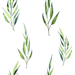 Fototapeta premium Seamless watercolor illustration of green leaves and branches, circles, on white or black background, suitable for wallpaper, cards, clothing, textiles, fabric, packaging, clothing, dress, invitations