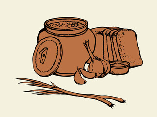 Vector sketch of Ukrainian lunch. Warm soup, ​​bread, garlic, onion