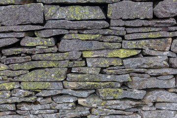The stone fortification wall is covered with yellow moss