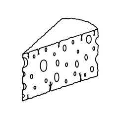 Triangular piece of fresh cheese with holes in the doodle style. Hand Drawn. Freehand drawing.	