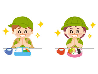 お弁当を食べる探検隊の子供　ボーイスカウト　冒険　アウトドア