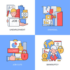 Unemployment and bankruptcy - set of line design style colorful illustrations