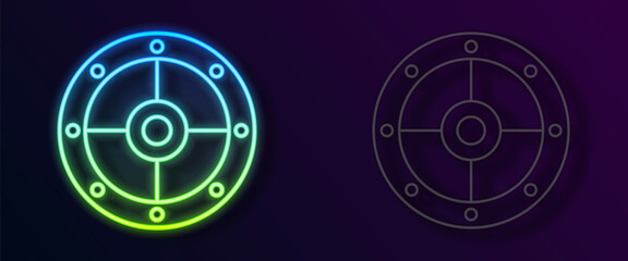 Glowing neon line Round shield icon isolated on black background. Security, safety, protection, privacy, guard concept. Vector