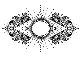 Ornate moon frame. Sacred Geometry. Ayurveda symbol of harmony and balance. Tattoo flesh design, yoga logo. Boho print, poster, t-shirt textile. Anti stress book. Isolated vector illustration.