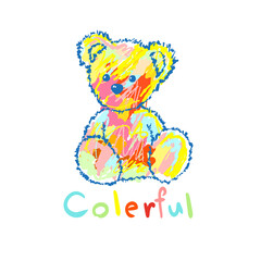 Obraz na płótnie Canvas Abstract soft toy teddy bear multicolored paints and slogan 