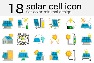 set of solar cell panel produce green energy electricity to battery from sun circle photovoltaic icon in minimal flat color design