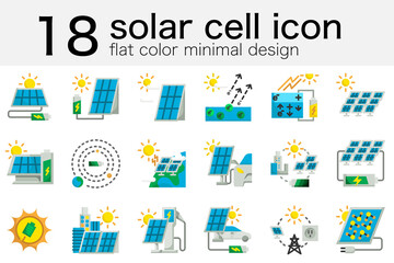 set of solar cell panel produce green energy electricity to battery from sun circle photovoltaic icon in minimal flat color design
