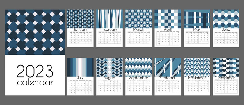 Abstract calendar for 2023 in vertical A4 format.Office calendar in blue colors with abstract textures and patterns. 12 months and cover. With place for notes. Week strats on Sunday.