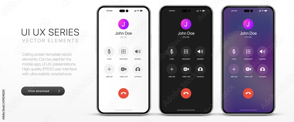 Fototapete Voice call screen. Mockup incoming call, voicemail screen, smartphone interface vector UI UX template for application. New Call screen template. Mobile app display template. Vector illustration.