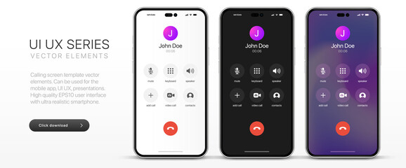 Voice call screen. Mockup incoming call, voicemail screen, smartphone interface vector UI UX template for application. New Call screen template. Mobile app display template. Vector illustration. - obrazy, fototapety, plakaty