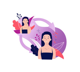 Poster with a woman with problem skin and healthy skin. Facial skin care. Vector illustration