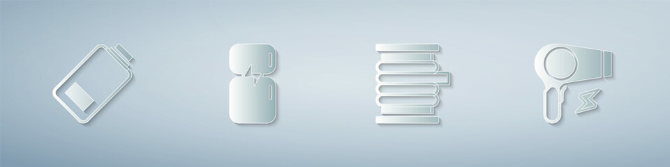 Set Battery charge, Refrigerator, Wire electric cable on reel and Hair dryer. Paper art style. Vector