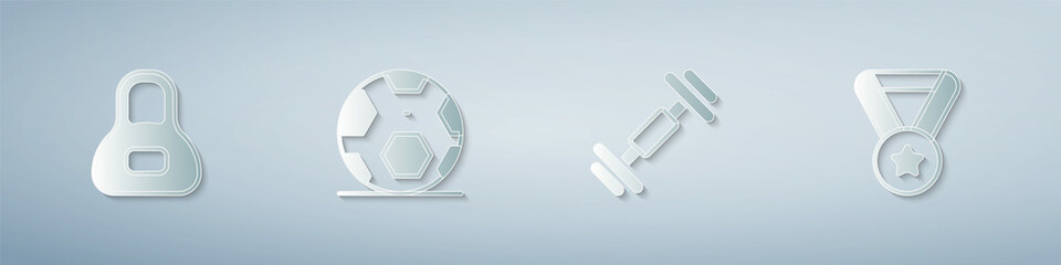 Set Weight, Soccer football ball, Dumbbell and Medal. Paper art style. Vector