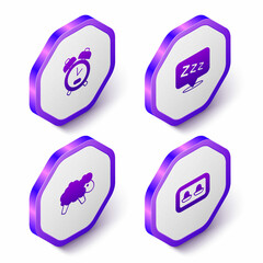 Set Isometric Alarm clock, Sleepy, Sheep and Earplugs with storage box icon. Purple hexagon button. Vector