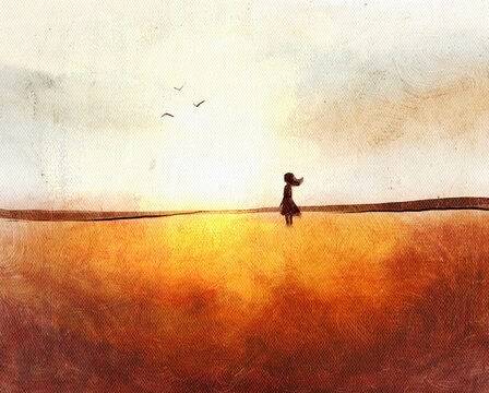 Silhouette of a girl standing in the field against the background of the sunset. Abstract digital art.