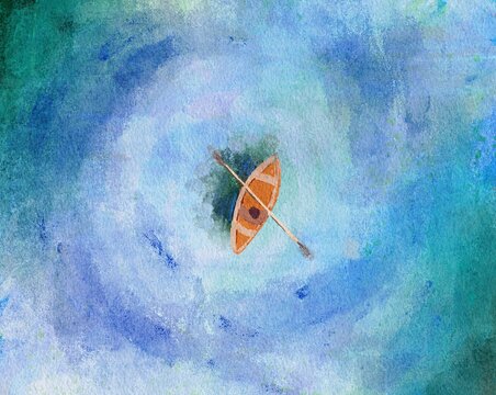 A boat floats in the sea. View from above. Digital art.