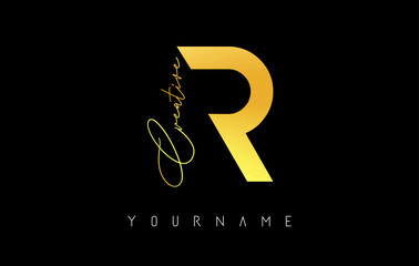 Creative golden R logo with cuts and handwritten text concept design. Letter with geometric design.