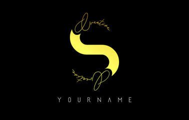 Obraz premium Creative golden S logo with cuts and handwritten text concept design. Letter with geometric design.