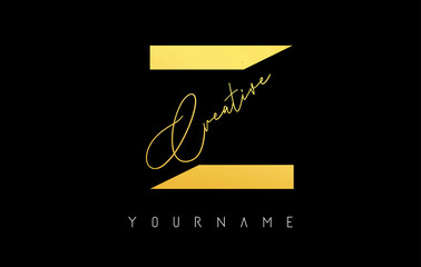 Creative golden Z logo with cuts and handwritten text concept design. Letter with geometric design.