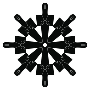 Round star shape or mandala with Neolithic female figurines. Mother goddess from Turriga. Madre di Turriga. Black and white silhouette.
