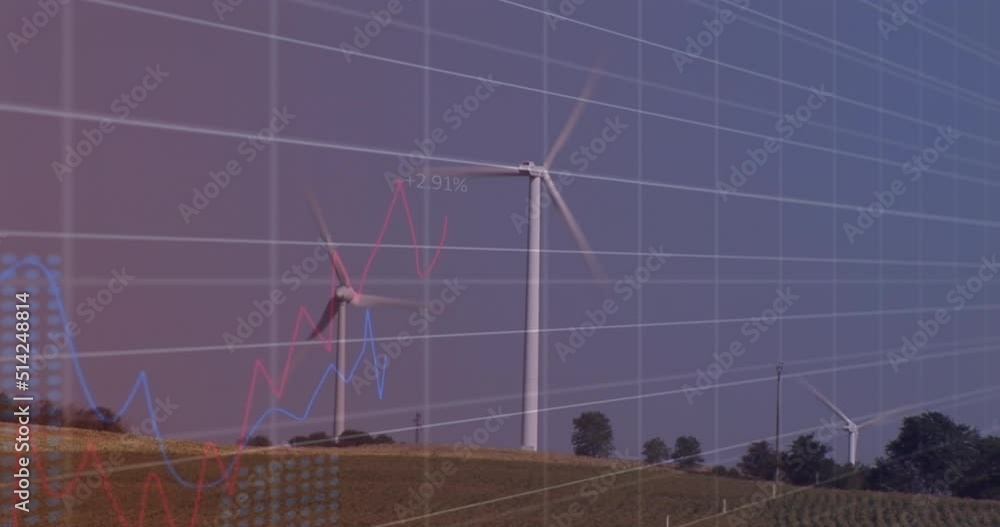 Poster animation of financial data processing over wind turbine