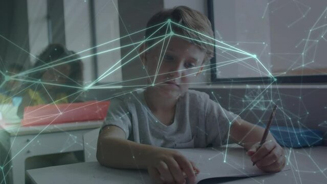 Animation of network of connections over schoolboy writing