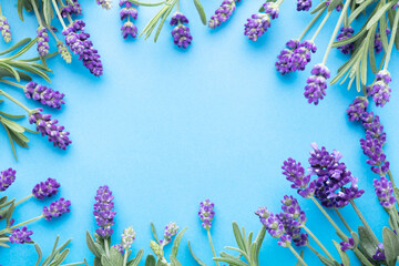 Fototapeta na wymiar Flowers composition, frame made of lavender flowers on pastel background.