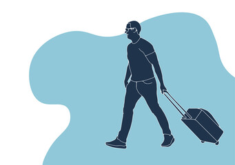 Young male traveler in hat with a laggage on the background. Traveling concept. Vector illustration in flat cartoon style