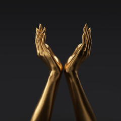 Two golden hands keeping safe or charity gesture, presenting concept 3d rendering