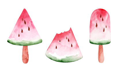 Watermelon juicy ice cream, bright homemade frozen ice cream; watercolor illustration