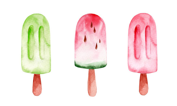 Watermelon juicy ice cream, bright homemade frozen ice cream; watercolor illustration