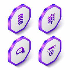 Set Isometric Car tire wheel, Racing traffic light, mirror and Medal icon. Purple hexagon button. Vector