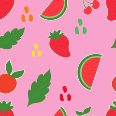 Vector seamless fruit pattern with red background