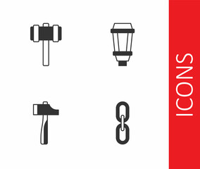 Set Chain link, Sledgehammer, Hammer and Garden light lamp icon. Vector
