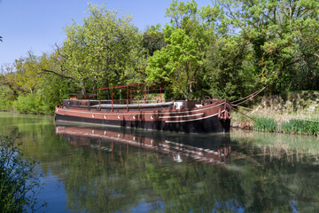boat in the canal du midi, south of france, europe. 