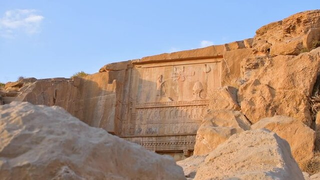 Persepolis, Iran - 8th june, 2022: scenic carved rocks in Persepolis archeological site. Persian city remains and history concept