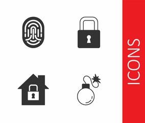 Set Bomb, Fingerprint, House under protection and Lock icon. Vector