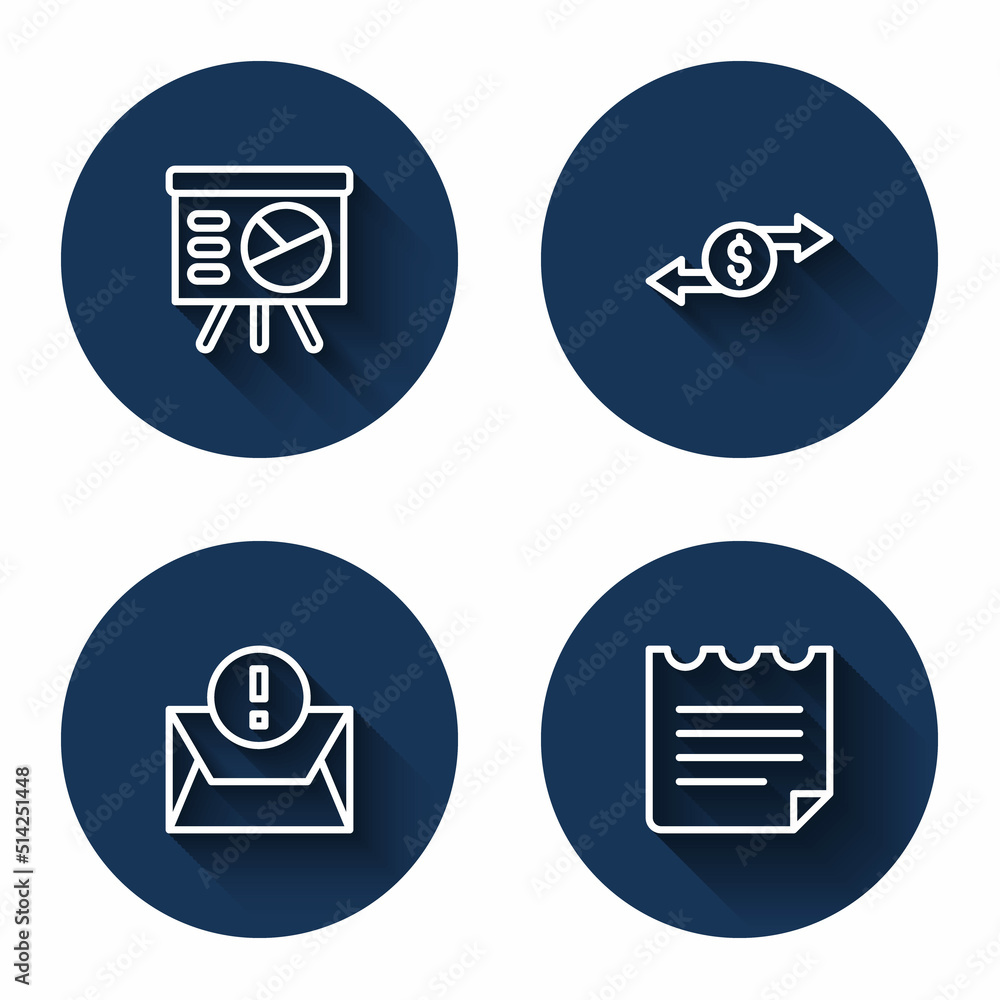 Aufkleber set line board with graph, money exchange, envelope and notebook with long shadow. blue circle butto