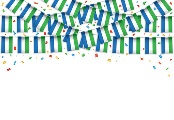 Obraz premium Sierra Leone flags garland white background with confetti, Hanging bunting for Independence Day celebration template banner, Vector illustration