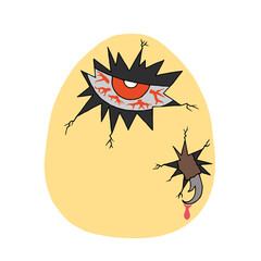 The evil eye looks through a hole in the egg, a claw with a drop of blood sticks out through another hole. The concept of the birth of evil.