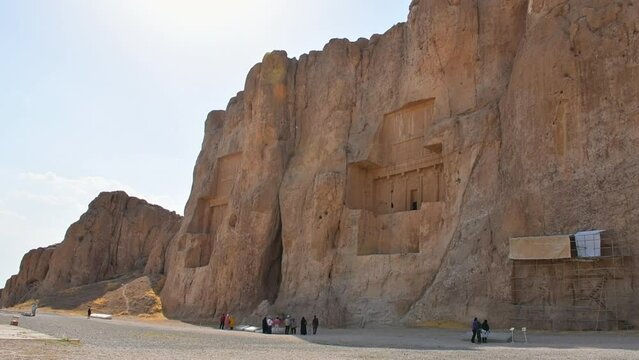 Necropolis, Iran - 8th june, 2022: Tombs of Artaxerxes I and Darius the Great, kings of the Achaemenid empire, located in the Naqsh-e Rostam necropolis in Iran