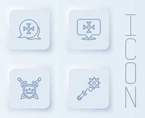 Set line Crusade, Shield with swords and Mace spikes. White square button. Vector