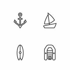 Set line Inflatable boat with motor, Surfboard, Anchor and Yacht sailboat icon. Vector