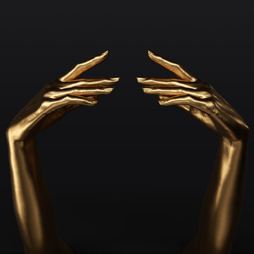 3d rendering golden female hands isolated on black, fashion concept, touching gesture cosmetic product presentation and object display background