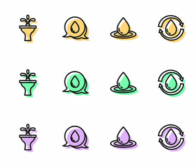 Set line Water drop, Fountain, with speech bubbles and Recycle clean aqua icon. Vector