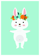 Obraz na płótnie Canvas Postcard with a hare congratulations on the holidays. Rabbit in a flower wreath.