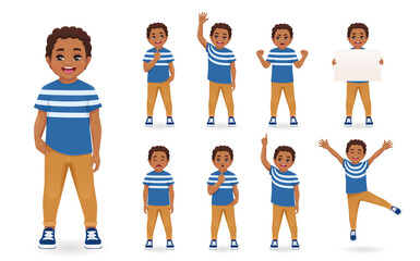 Smiling cute little boy in different poses set. Various kid gestures - thinking, angry, crying, jumping, welcoming, holding empty blank board and making idea pointing up isolated vector illustration